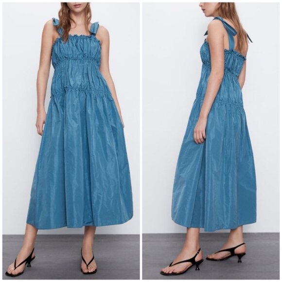 New Zara Taffeta Midi Maxi Dress Tiered Tie Straps Ruffle Romantic Wedding Guest - Picture 5 of 14